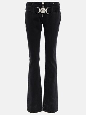 Versace Medusa Medallion Logo Belted Zip Low Rise Flare Leg Runway Jeans